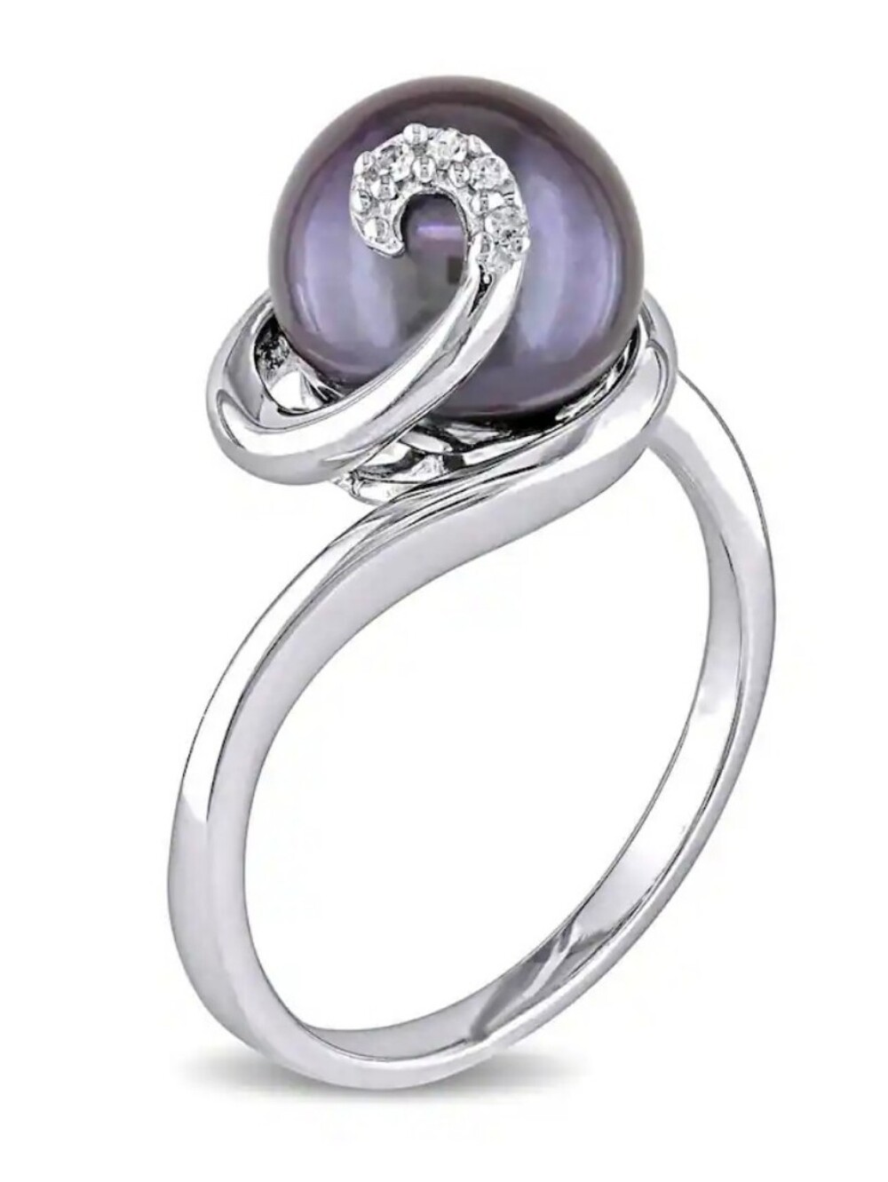 Black Freshwater Cultured Pearl and Diamond Sterling Silver Ring By Miadora
